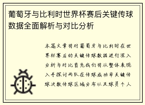 葡萄牙与比利时世界杯赛后关键传球数据全面解析与对比分析